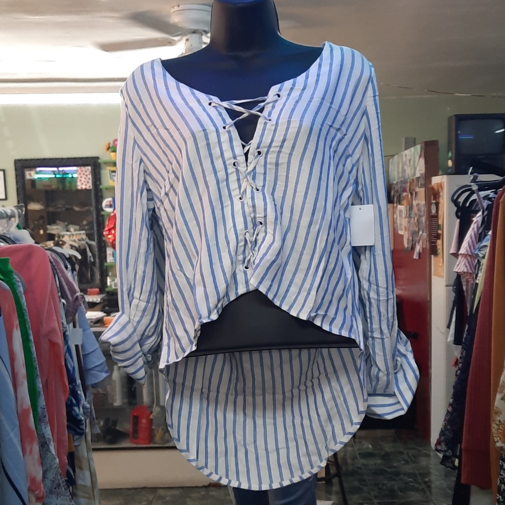 White and blue striped blouse